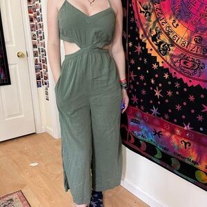 aerie Women's sage Green flowy wide leg Jumpsuit with cut outs on the side